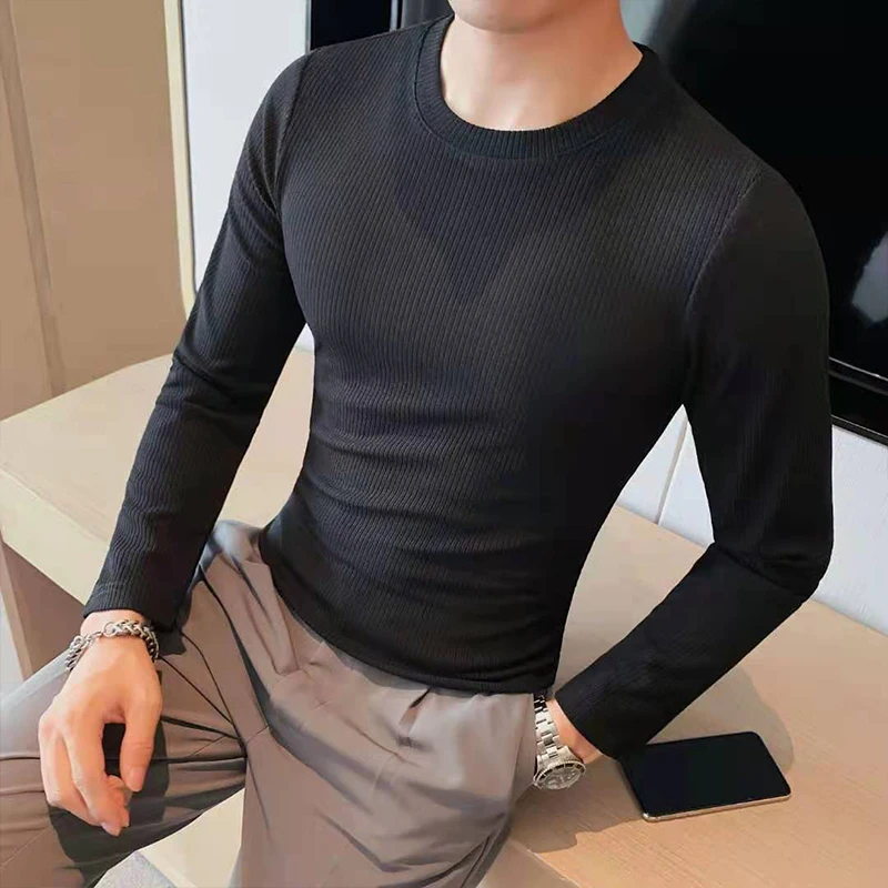 Men's Shirt Fashion Waffle Fabric Solid Long Sleeve T Shirts For