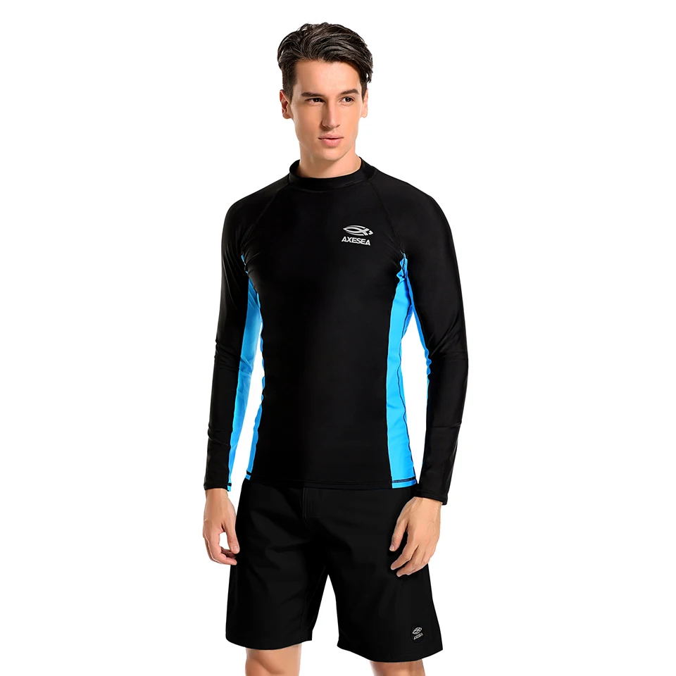 AXESEA Men Rash Guard Patchwork Swimwear Long Sleeve Rashguard Sun Protection Swimsuit Surfing Shirt Top UPF50+ Sport Beachwear