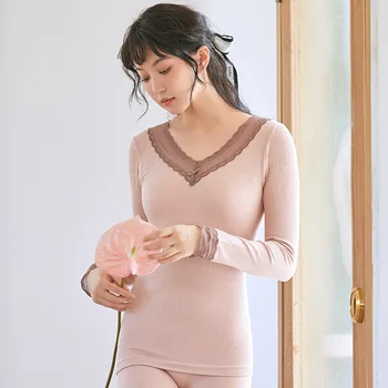 

2020 Autumn and Winter Modal Thermal Underwear Set Ladies V-neck Lace Autumn Clothes Long Pants Camiseta Interior Termica Mujer