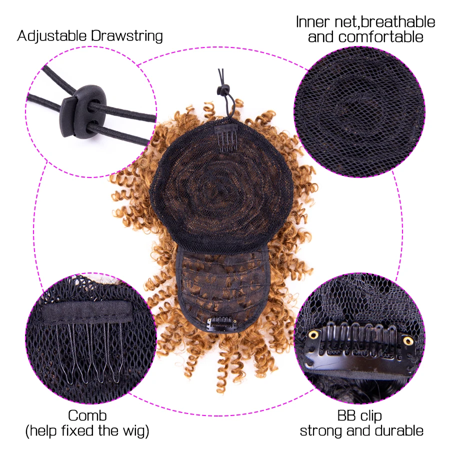 Synthetic Drawstring Kinky Curly High Puff Ponytail With Bangs Synthetic Curly Bangs Drawstring Ponytail With Balck Brown