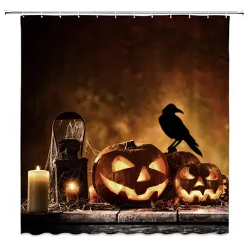 

Crow Pumpkin Head Shower Curtain Decor Horror Halloween Bathroom Curtain Decor Machine Washable Mildew Resistant With Hooks