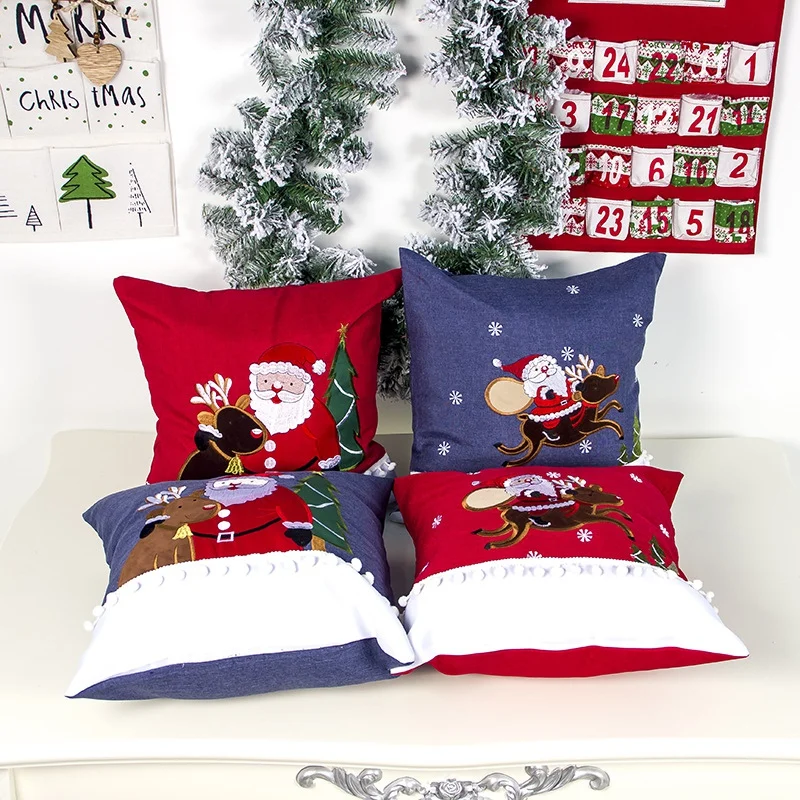 Xmas Embroidered Decorative Pillowcase With White Pom Balls Christmas Throw Pillow Cover Cushion Case 112G | Дом и сад