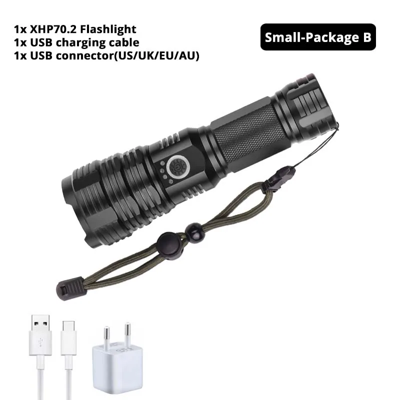 Small-Package B Мощный светодиодный светильник XHP70.2 с зарядкой от USB, водонепроницаемый тактический фонарь с дисплеем мощности, телескопический зум, уличный светильник - Испускаемый цвет: Small-Package B