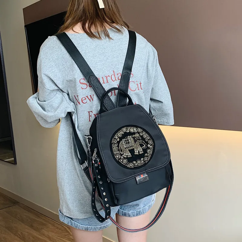 

Nylon Oxford Cloth Backpack Female 2019 New Casual Wild Ethnic Style Backpack Rhinestone Small Elephant Schoolbag Thickened Sac