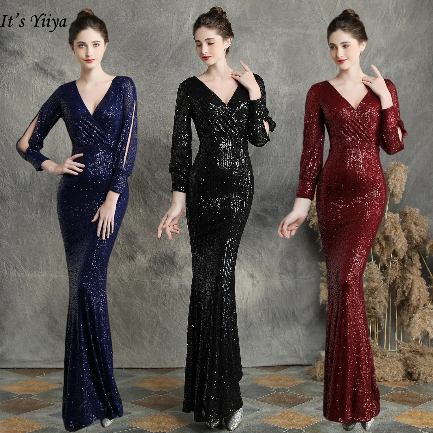 

Sparkle Long Sleeves Evening Dresses It's Yiiya DX240 Plus Size Mermaid Evening Gown V-neck Sequined Elegant Robe De Soiree 2020