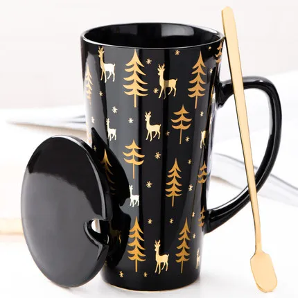 Креативный узор рукоятки керамические кружки с ложкой крышкой кофейная кружка молоко чай офисные чашки Посуда для напитков лучший подарок на день рождения - Цвет: 2