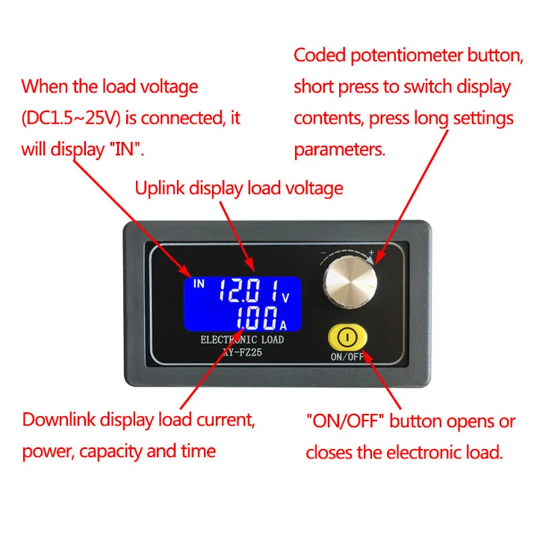 XY-FZ35 Adjust Constant Current Electronics Load 1.5~25V 5A 35W Battery Tester Discharge Capacity Meter with TTL Communication electronic component electronic components