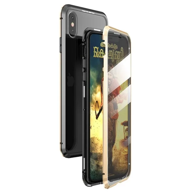 Магнитный металлический чехол для телефона для iphone 7 8 6 6S Plus двусторонний чехол для iphone X XR XS 11 Pro макс. закаленное стекло откидная крышка - Цвет: Black and Gold
