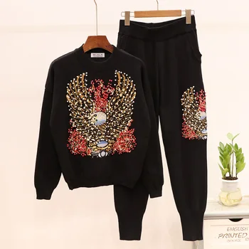 

Autumn New Fashion Loose Tracksuit Women Beading Sequins Long sleeve Knitted Sweater + Casual Pencil Pants Women Two Piece Set