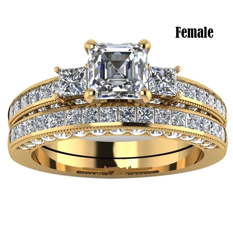 Fashion Gold-Color Couple Rings Wedding Rings Men's Stainless Steel Rings Women's White Zircon Ring Set Jewelry Rings