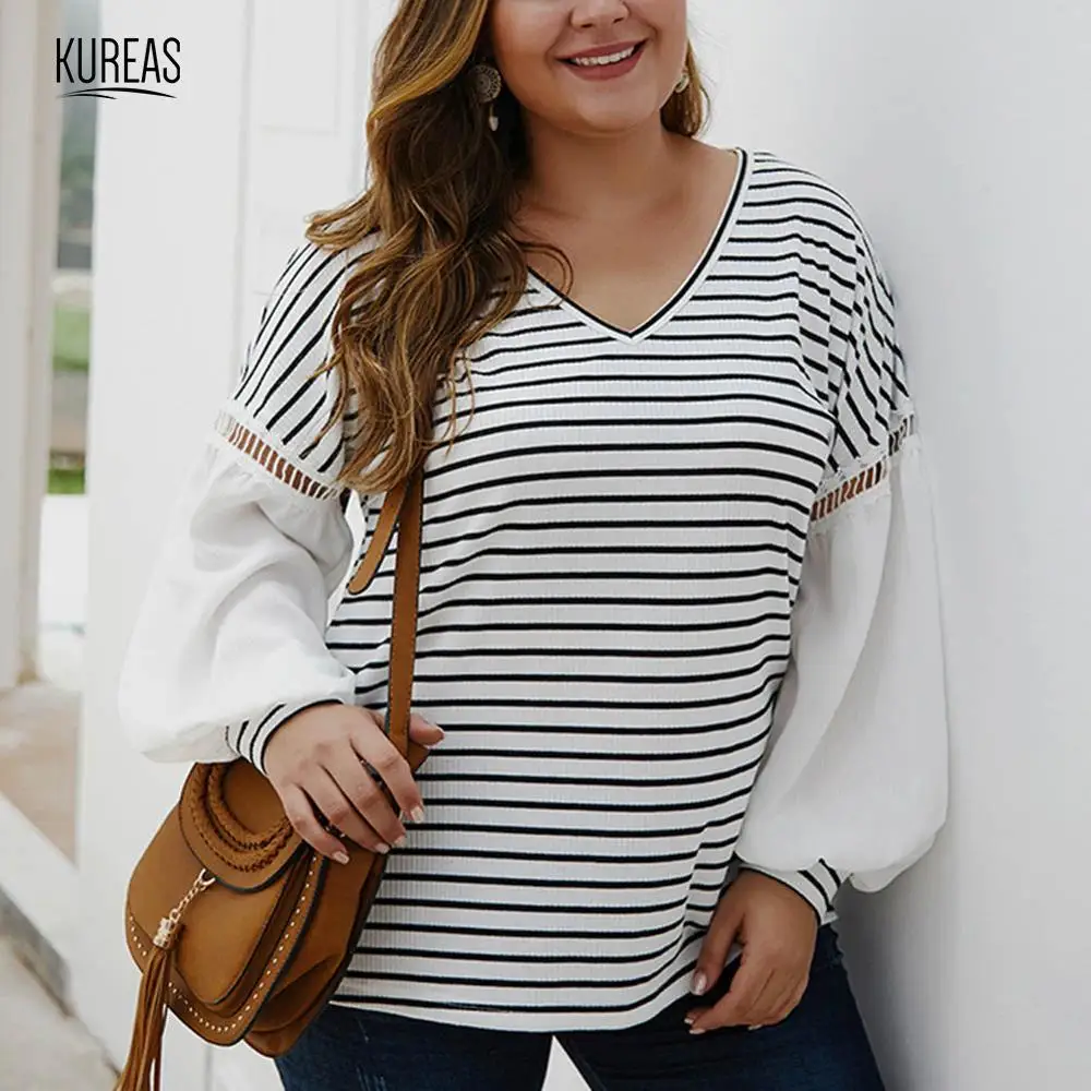 

Kureas Knitted T Shirt Plus Size Women Striped Patchwork Tops Oversize Baggy T-Shirts V Neck Autumn Winter XL-5XL