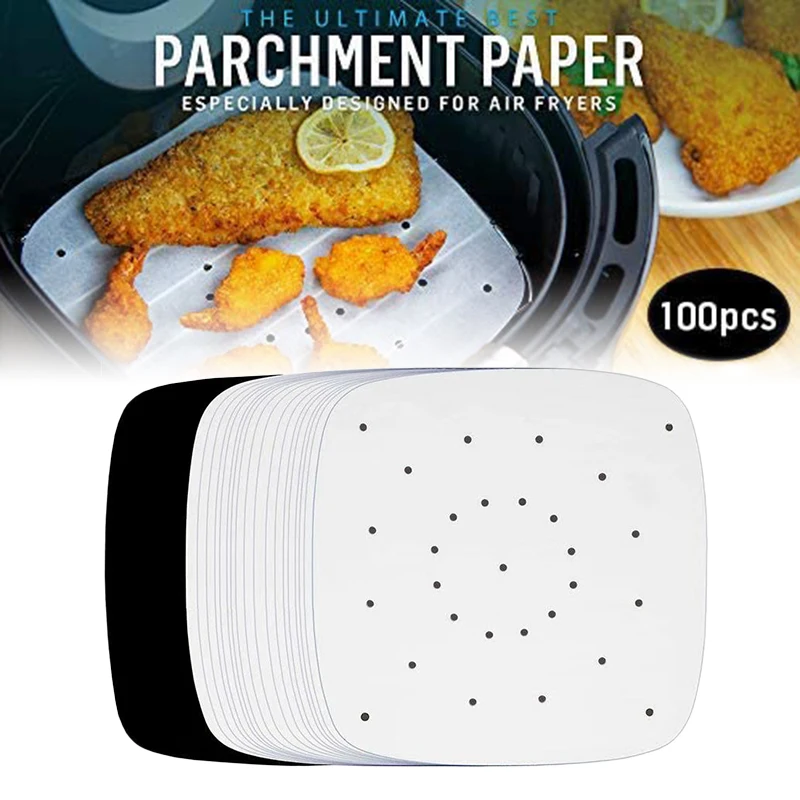 Hojas de papel de pergamino para freidora de aire, accesorios para freír, cocinar, cocción barbacoa, tapete de comida, entrega rápida, 100 Uds.