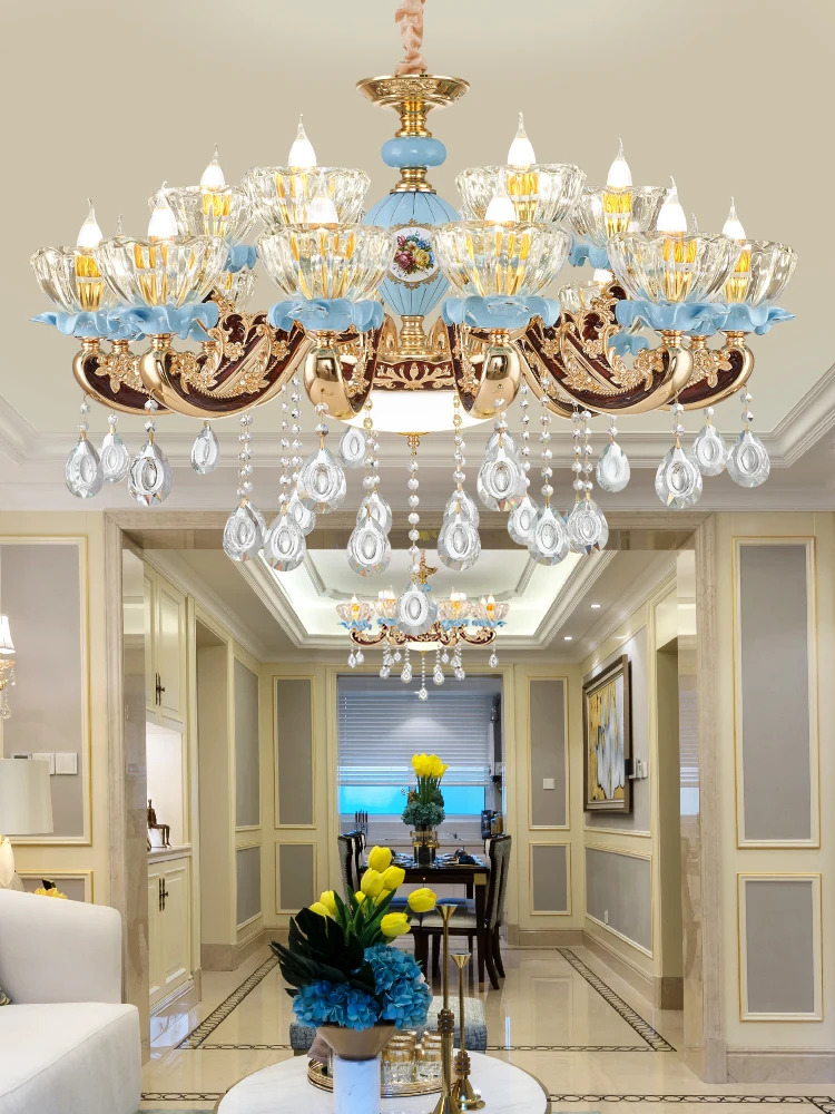 

Zinc Alloy Living Room LED Chandelier Lighting European K9 Crystal Villa Lobby Luxury Hanging Lamp Ceramic Bedroom New Fixtures
