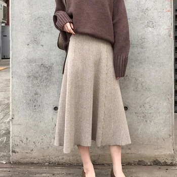 

2020 Winter Women Midi Skirts Korean Casual Ladies A-line Flare High Waist Solid Knitted Knit Thick Long Sweater Skirt Women