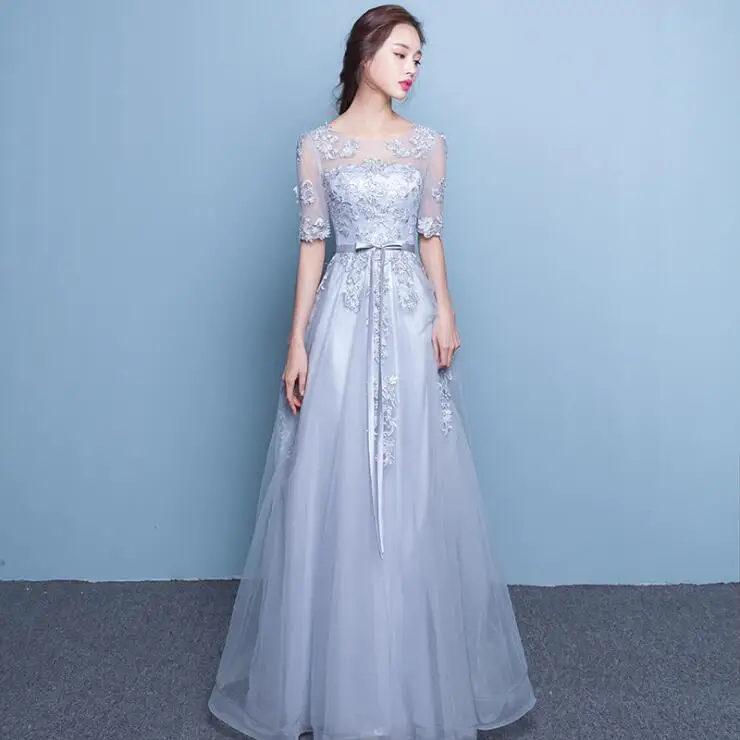 Sexy elegant evening dresses tulle applique Long Half autumn section sweet pink red silver Formal dress bride party Robe | Свадьбы и