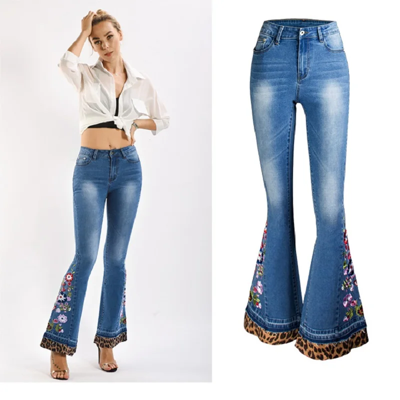 

Streetwear Embroidery Flower Flare Jeans Plus Size Blue Leopard Skinny Push Up Denim Pants for Women Sale Items 2019 Promotion