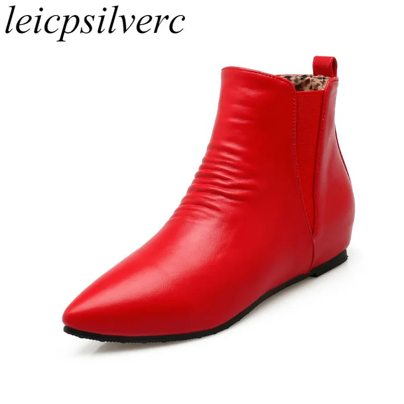 

Women Boots Autumn Winter Med Heel Warm Pu Pointed Toe Elastic Band Ankle Height Increasing 2019 Sexy Fashion Casual Black Red