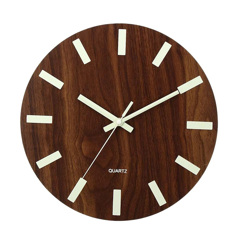 12 Inch Luminous Wall Clock Wood Silent Home Decor Glow Dark Quartz Wall Hanging Clock 3D Modern Design Bedroom Living Room