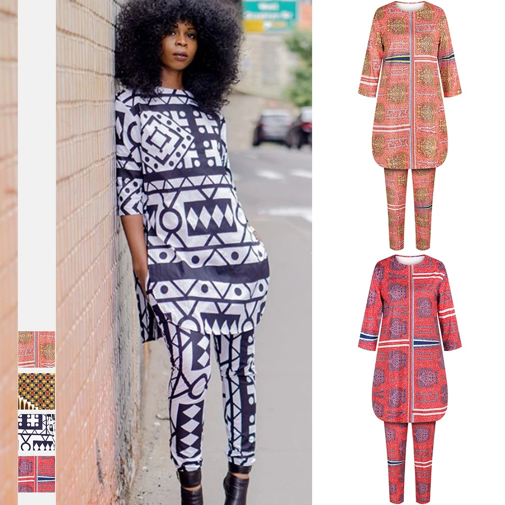 

2 Piece African Sets For Women Tracksuits Dashiki New Africa Print Elastic Bazin Baggy Pants Rock Style Sleeve Famous Suit Lady