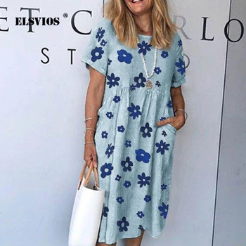 

Women 2020 Summer Vintage Daisy Print Cotton Linen Dress Elegant New O-neck Short Sleeve Pocket Casual Dresses Plus Size Vestido