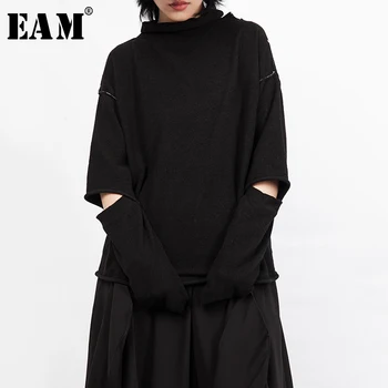 

[EAM] Women Black Hollow Out Knitting Big Size T-shirt New Turtleneck Long Sleeve Fashion Tide Spring Summer 2020 1S970