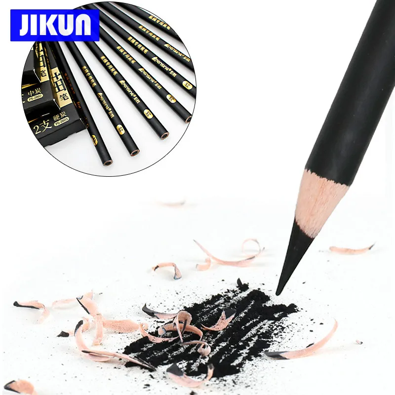12pcs Drawing Sketch Pencil-JIKUN Black Charcoal Pencils for Artist Soft/ Medium/ Hard Art Suppliers Stationery