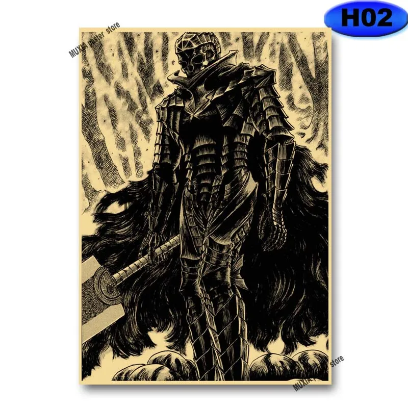 Classic Anime Berserk Poster Retro Kraft Paper Swordsman Posters and Prints Wall Sticker Home Decor Living Room Bar Art Painting