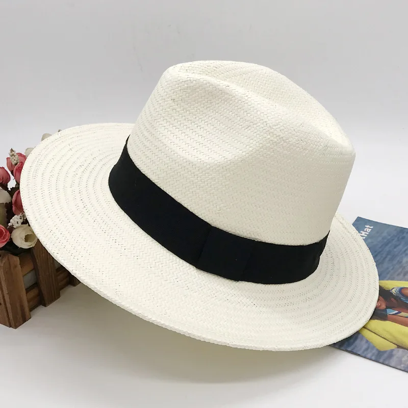 202102-fcm-10 new summer milk white solid handmade paper grass  holiday  fedoras cap men women leisure panama jazz hat packable fedora