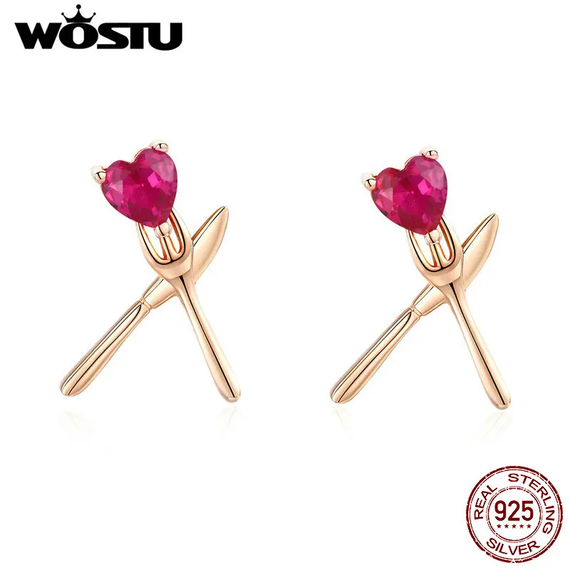 WOSTU серьги-гвоздики в форме ножа и вилки для влюбленных, 925 пробы, серебряное, розовое сердце, CZ, розовое золото, серьги для женщин, ювелирное изделие CTE054