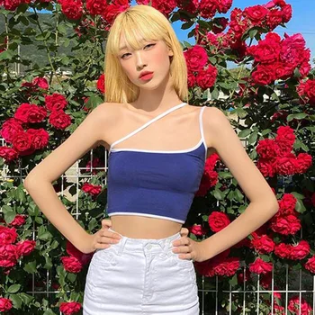 

Fashion street hipster slim body navel hollow asymmetric camisole 2020 summer new