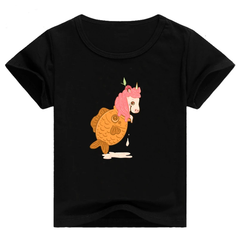 Детская футболка с короткими рукавами Kawaii/Летняя футболка для мальчиков с круглым вырезом с изображением единорога, щенка, мороженого, бутылочка для кошек футболка для девочек
