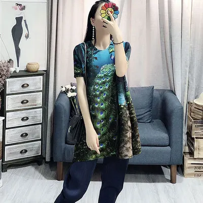 lake blue Горячая Miyake модные стильные футболки с коротким рукавом с принтом павлина складные футболки - Цвет: lake blue