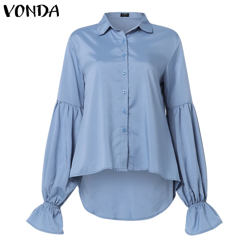 VONDA, блузка, женская рубашка,, осенняя, повседневная, с асимметричным подолом, с отворотом, с длинным рукавом-фонариком, белая рубашка, сексуальные топы размера плюс, блузы - Цвет: Blue