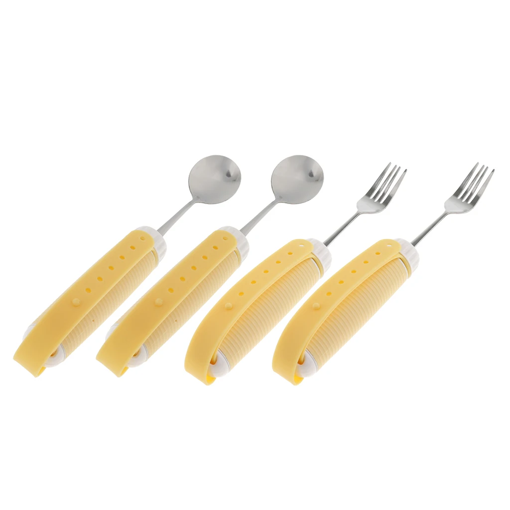 4 шт Противоскользящий ремешок ручка из нержавеющей стали пластиковый артрит пожилых Адаптивная посуда для еды набор ложка и вилка желтый