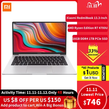 

Xiaomi Redmibook 13 Laptop AMD Ryzen7 4700U 16GB DDR4 1TB PCle SSD 13.3" FHD Screen Full-Size Keyboard PTP Touch Panel Notebook