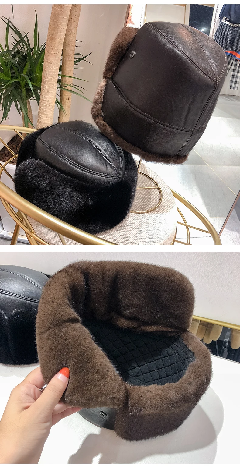 Middle-Aged And Old Men'S Mink Fur Hats Warm Earmuffs With Sheepskin Leather Hats