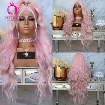 

OLEY Hair 2020 New Arrivial Light Pink Wig Heat Resistant Synthetic Lace Front Wig Long Wavy Cosplay Wigs For Black Women