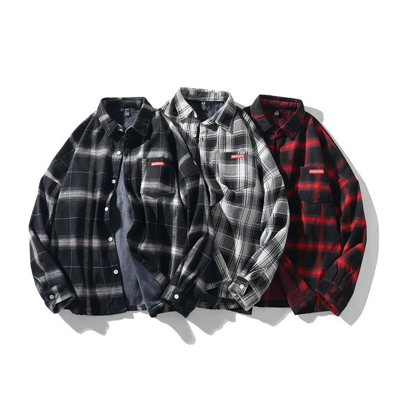 Men’s Plaid Shirt Oversized Long Sleeve Buck Camp Flannel Warm Button Up Shirts Male 2021 Winter