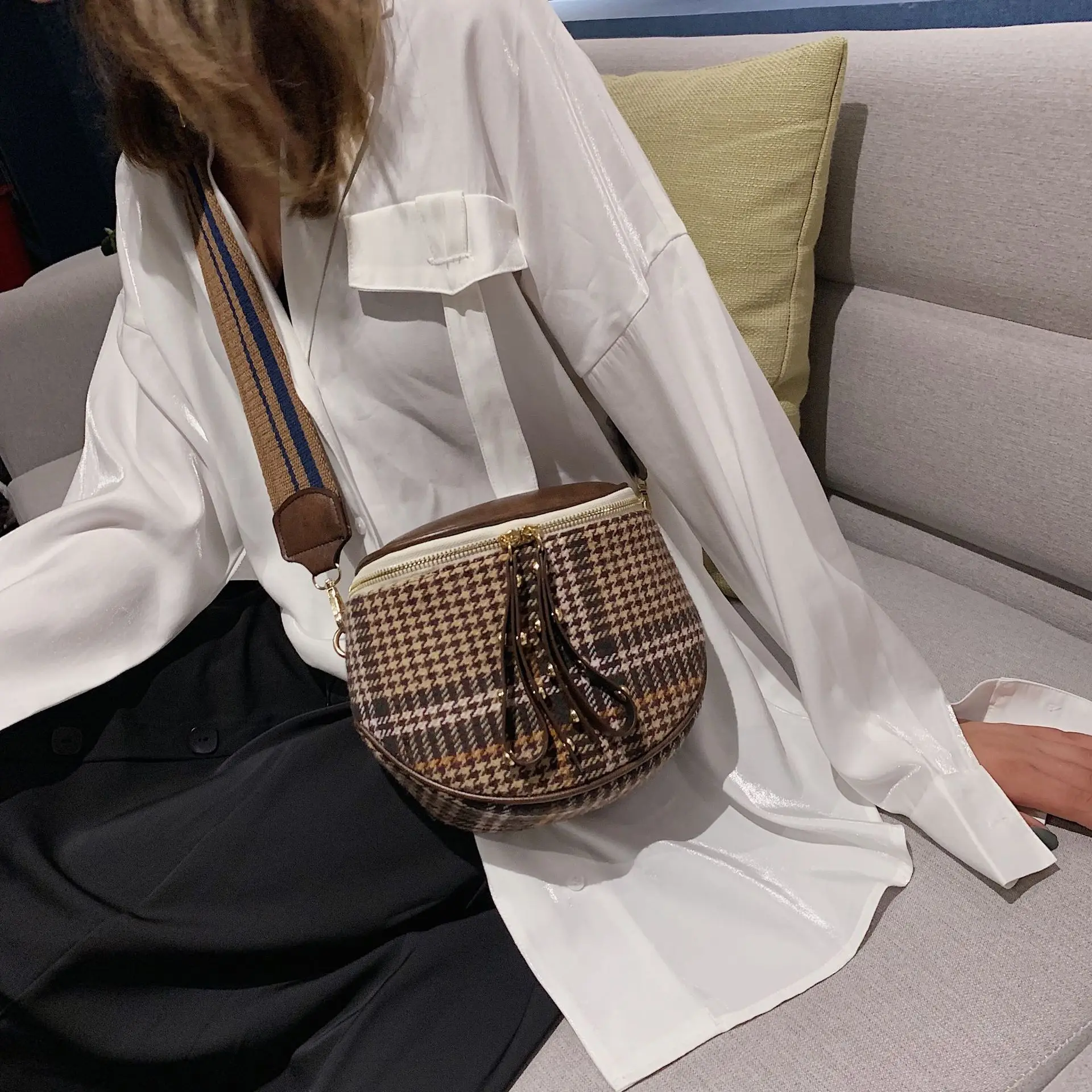 

Korean-style Wide-Strap Wallet Women's 2019 Autumn New Style Fashion Woolen Cloth Pattern Versatile Shoulder Bag