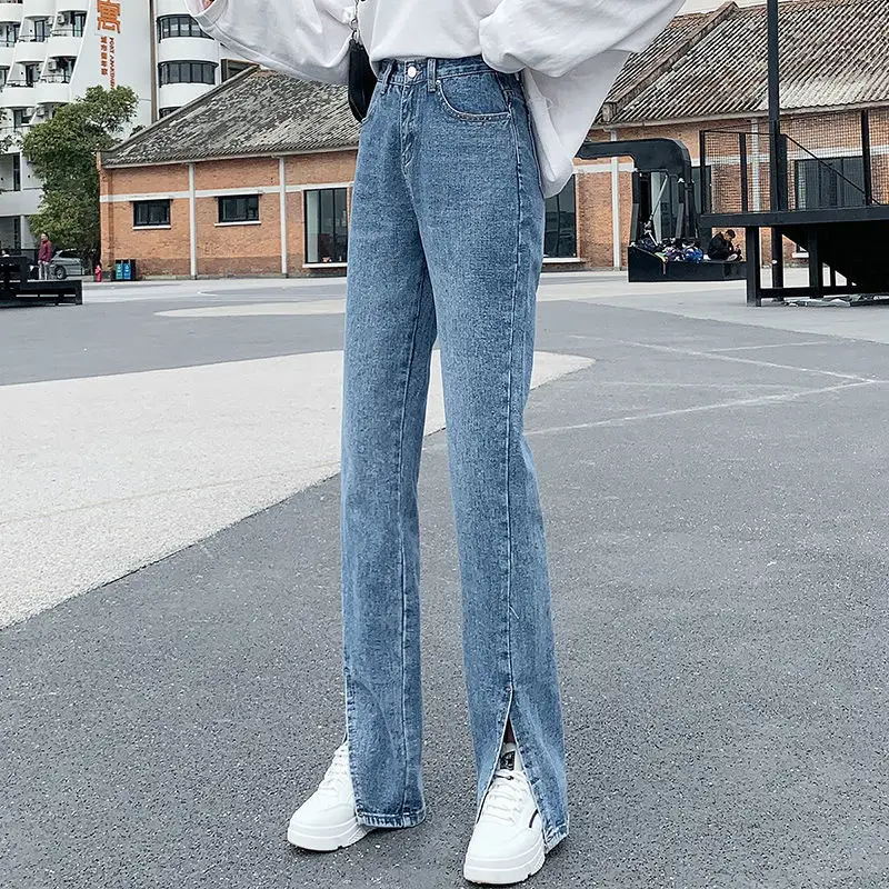 Pantalones vaqueros Acampanados para mujer, vaqueros negros con abertura frontal lateral, pierna alta, cintura alta, longitud completa, 2021