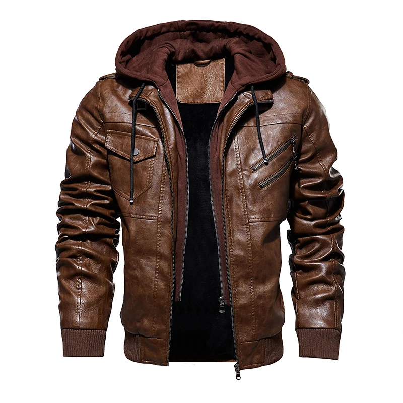 Новинка, мужская кожаная куртка с капюшоном, Осень-зима, мотоциклетная куртка из искусственной кожи, пальто, Модная приталенная мужская куртка на молнии, куртка-бомбер, 4XL