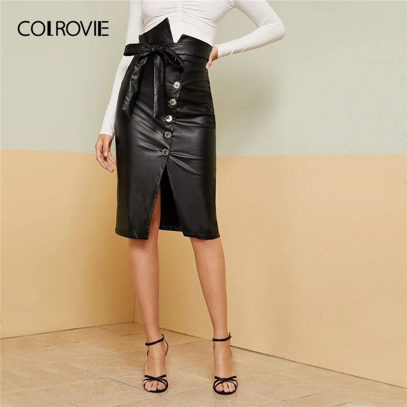 Comprar COLROVIE negro entallado cintura botón Fly Belted PU falda mujeres de alta cintura ajustado falda 2019 otoño señoras faldas por debajo de la rodilla elegantes