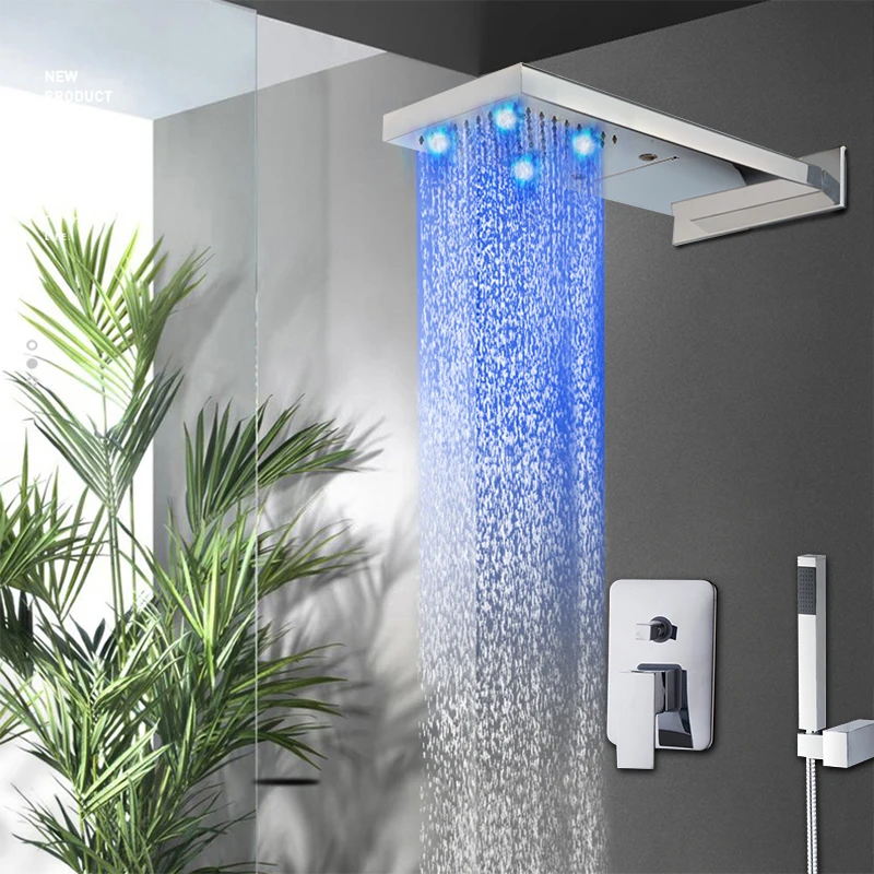 JIENI, матовый черный светодиодный смеситель для ванной, набор для душа, хромированная полированная насадка для душа, водопад, 2 функции, смеситель для душа - Цвет: Chrome Shower Set