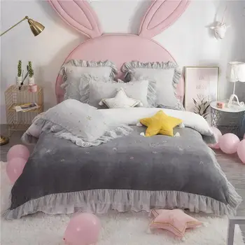 

Luxury Plush Ruffles Duvet Cover with Stars Velvet Fleece Warm Soft Bed sheet Pillowcases Comforter Cover Queen King size J/7Pcs