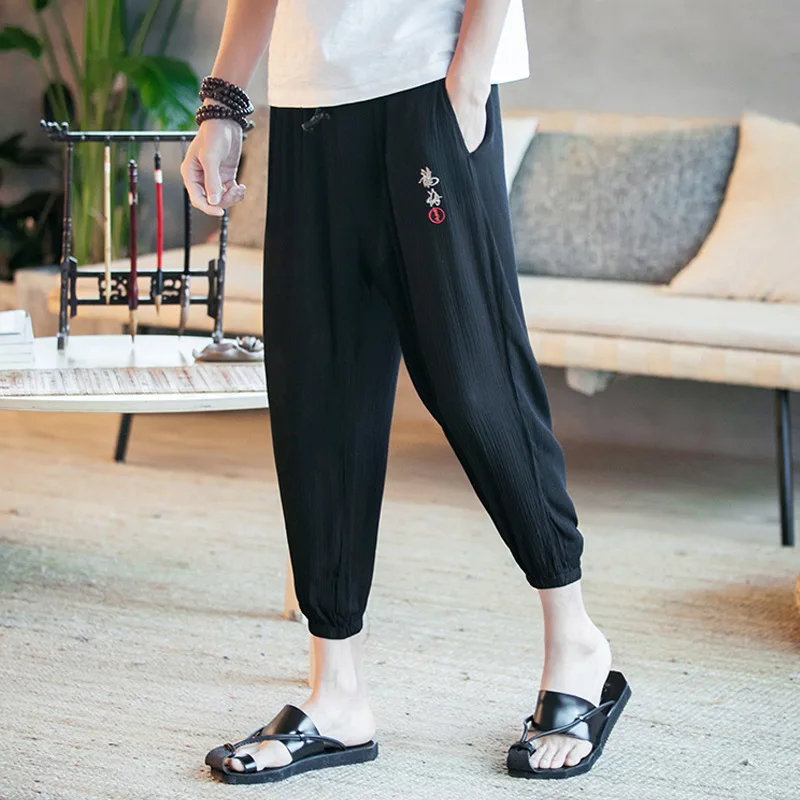 

2017 Summer New Style Chinese-style Embroidered Loose Cotton Linen Thin Men Skinny Baggy Pants Casual Capri Pants