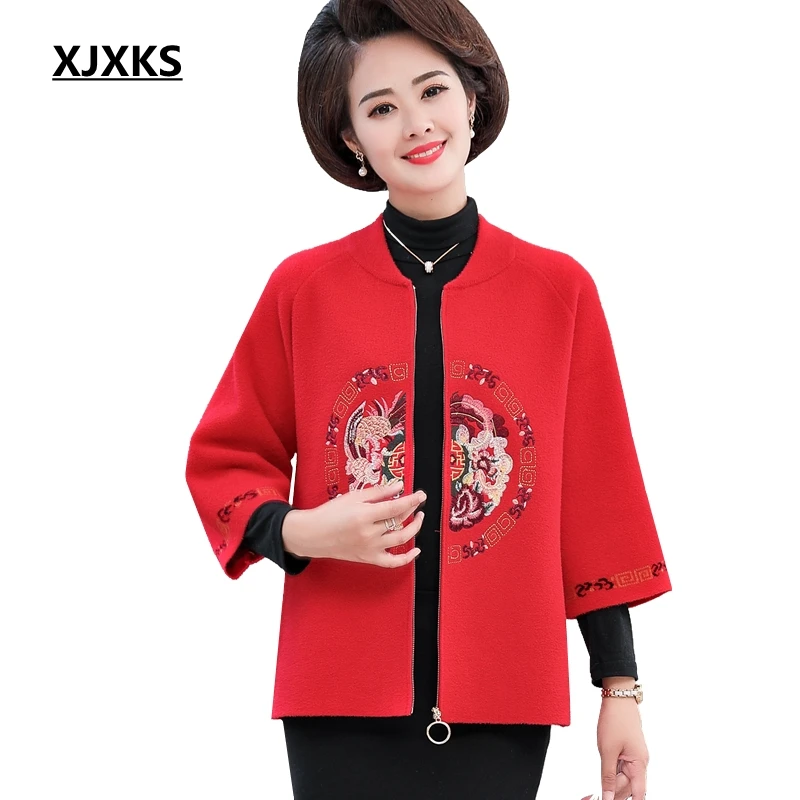 XJXKS Abrigos Mujer Invierno элегантная шерстяная Свободная куртка на молнии женское негабаритное пальто с вышивкой с рукавом в семь точек Женское пальто