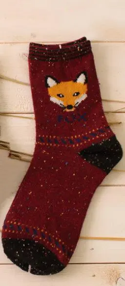 Милые теплые носки с рисунками животных; женские новые японские Носки с рисунком оленя, кота, лисы, волка; шерстяные смешанные дышащие носки; сезон осень-зима - Цвет: fox head wine
