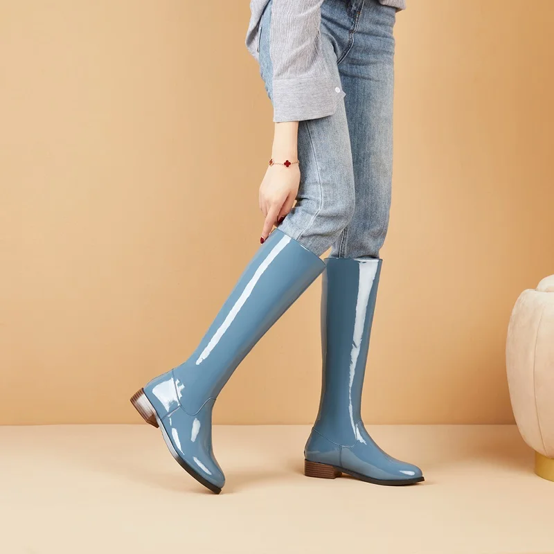 blue Patent leather ZVQ/Сапоги до колена из лакированной кожи Модные женские вечерние сапоги Милая женская обувь синего цвета на зиму и осень большие размеры 32-45 - Цвет: blue Patent leather