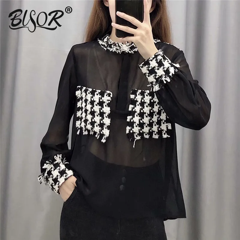  Women chiffon patchwork tweed blouse 2019 Autumn see through long sleeve female elegant shirt styli