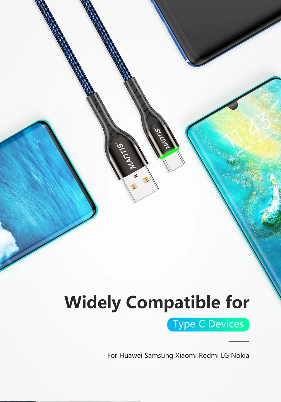 MANTIS usb type C кабель для samsung a50 s10 s9 s8 s7 USB C кабель светодиодный Синхронизация данных провод для быстрой зарядки Xiaomi Mi9 Redmi Note 7 K20